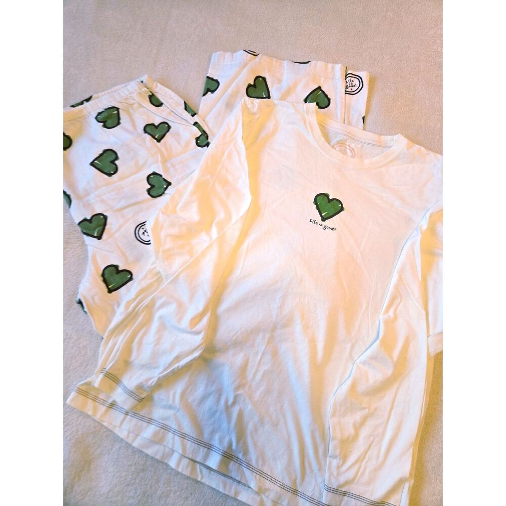 Sz Lg Set/2 LIFE IS GOOD White 💚 Jersey Long-Slv Flannel Pant Pajama Set
